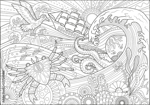 Line art vector illustration of crab, seagull and seascape. Zentangle style art with boho patterns. Hand drawn sketch for antistress, coloring page for children and adults, decoration, cards