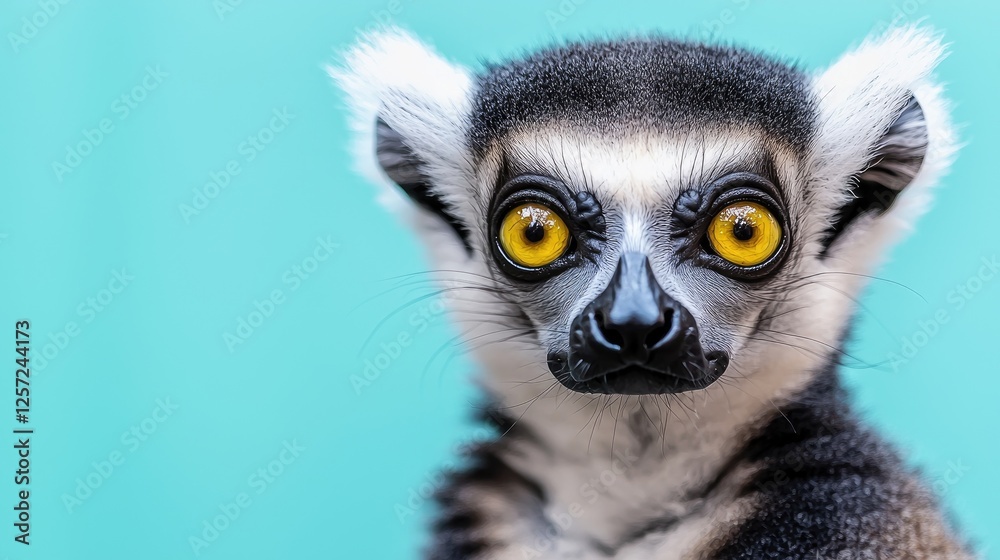 Fototapeta premium Close-up of lemur face against teal background. Potential use Wildlife animal subject
