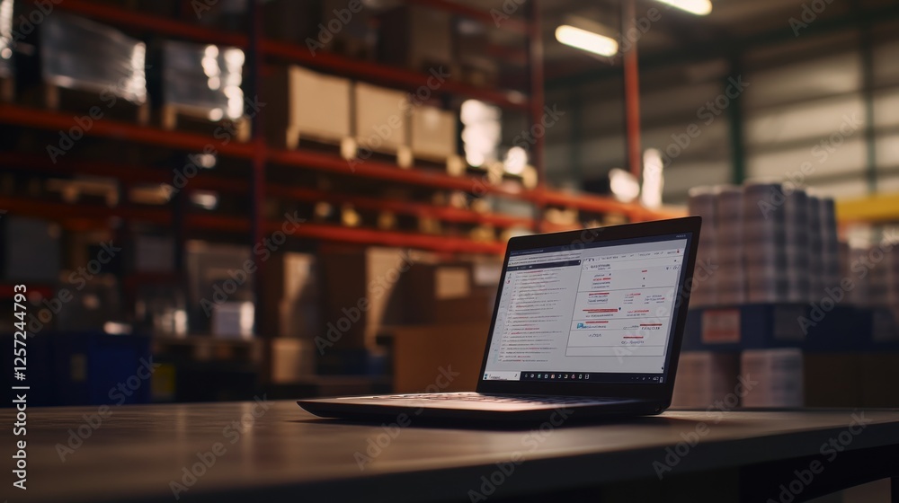 Laptop displays inventory updates in a warehouse, highlighting organization and efficiency with neatly stacked boxes and labeled goods in the background Laptop displays inventory updates in a warehouse, highlighting organization and efficiency with neatly stacked boxes and labeled goods in the background