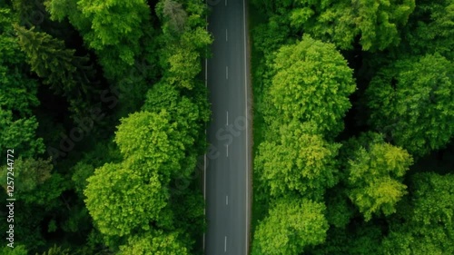A car is driving down a road surrounded by trees