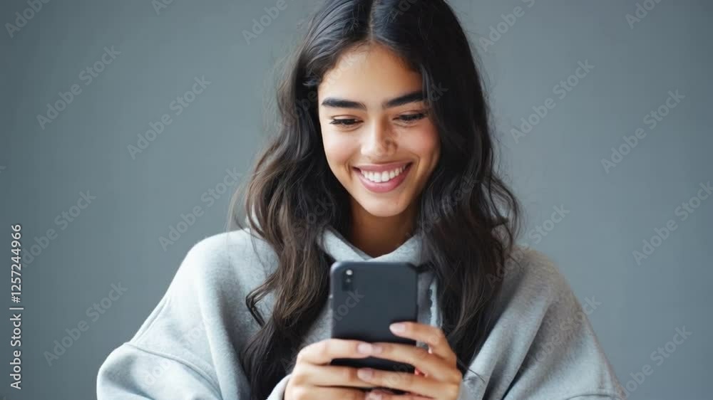 A woman is smiling while holding a cell phone A woman is smiling while holding a cell phone