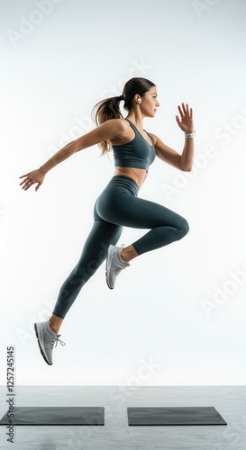 Fitness workout. Sport woman fitness trainer exercising, on white background. Full length vertical shot of sporty girl in light stylish trendy sportswear running on spot, warming up at studio