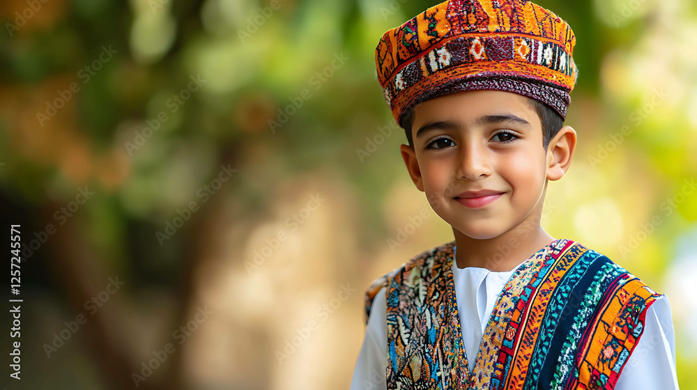 Fototapeta premium A boy wearing traditional Moroccan attire playing outdoors