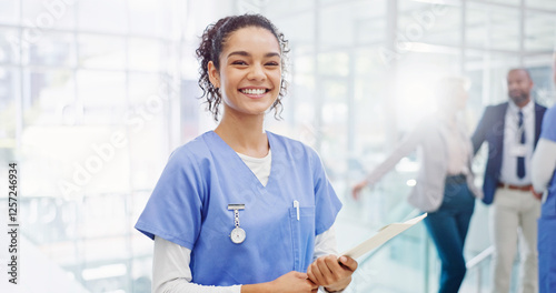 Photography Healthcare, portrait and nurse in hospital with document, public service and confident