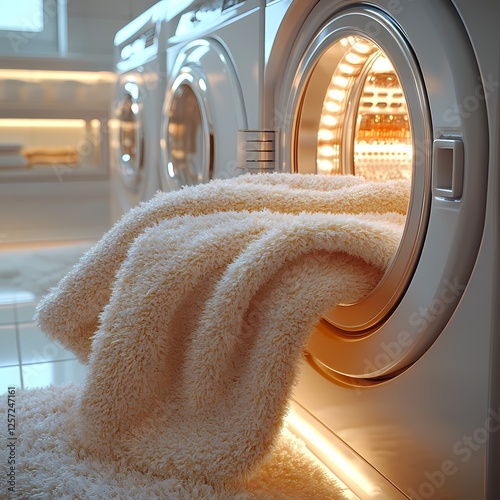 Soft bath towels drying inside a modern laundry room with illuminated appliances and a tidy atmosphere