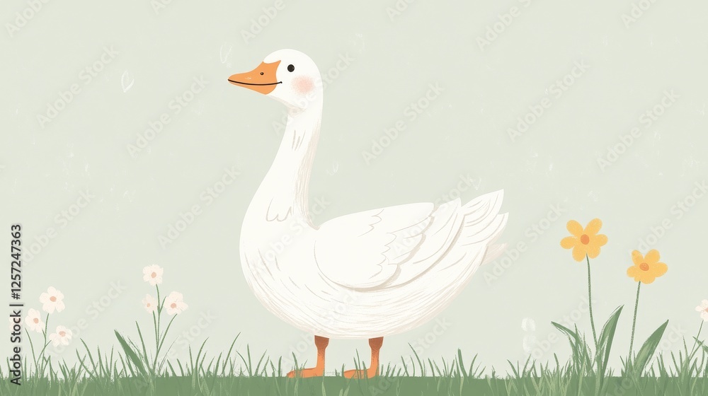 Obraz premium 87.Simple and charming depiction of a goose standing upright on a grassy field, surrounded by small flowers and blades of grass, rendered in a flat and minimalistic style.