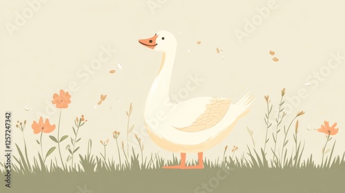 87.Simple and charming depiction of a goose standing upright on a grassy field, surrounded by small flowers and blades of grass, rendered in a flat and minimalistic style.