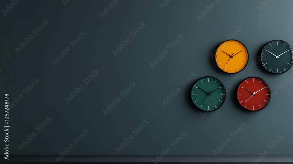 A vibrant display of minimalist wall clocks against a muted grey background creates a striking visual arrangement
