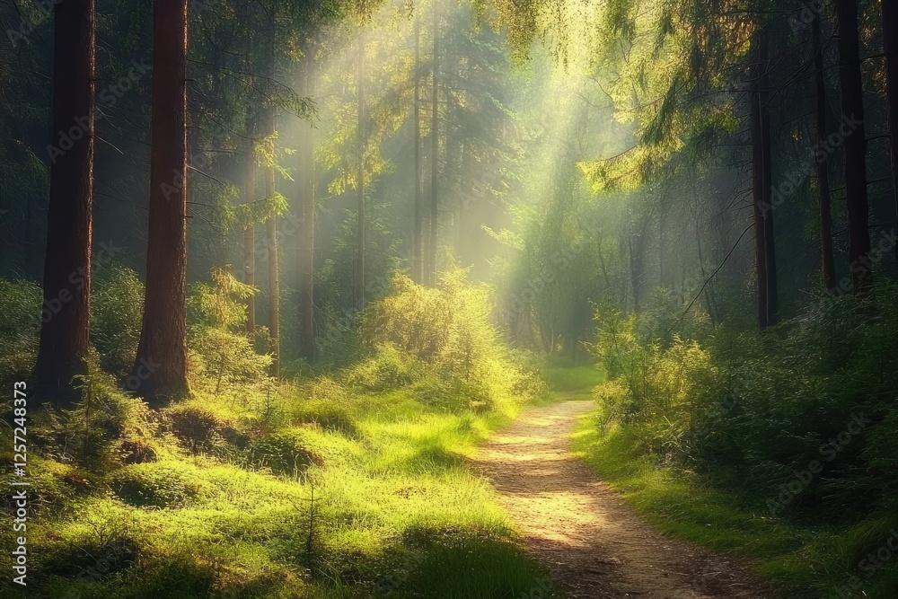 Obraz premium Sunbeams through misty forest path