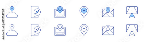 Navigation icon set in two styles, Duotone and Thin Line style. Editable stroke. hospital, map, navigator, cloud, compass, gps navigator
