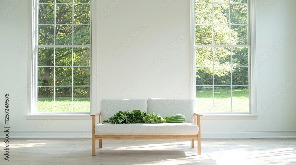 Fototapeta premium Modern Sofa with Plants and Melon, Bright Room, Sunlight Through Windows
