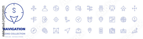Navigation icons collection. Thin Line icons, editable stroke. globe, gps, navigator, architecture and ciy, cloud, compass, direction, pin, turn, navigation, route