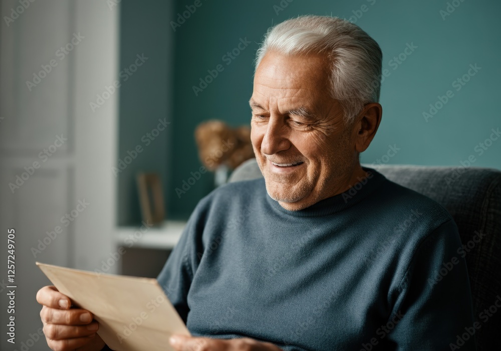 Smiling senior man reading letter at home Smiling senior man reading letter at home
