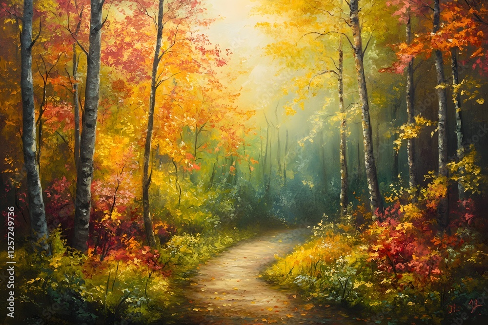 Naklejka premium Autumn forest path, sunlight, colorful trees, tranquil scene