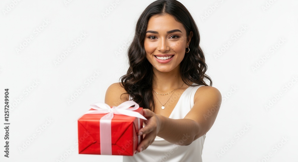 Portrait of a happy pretty woman holding giving red present box gift with white ribbon bow while standing and looking at camera isolated over white background Portrait of a happy pretty woman holding giving red present box gift with white ribbon bow while standing and looking at camera isolated over white background