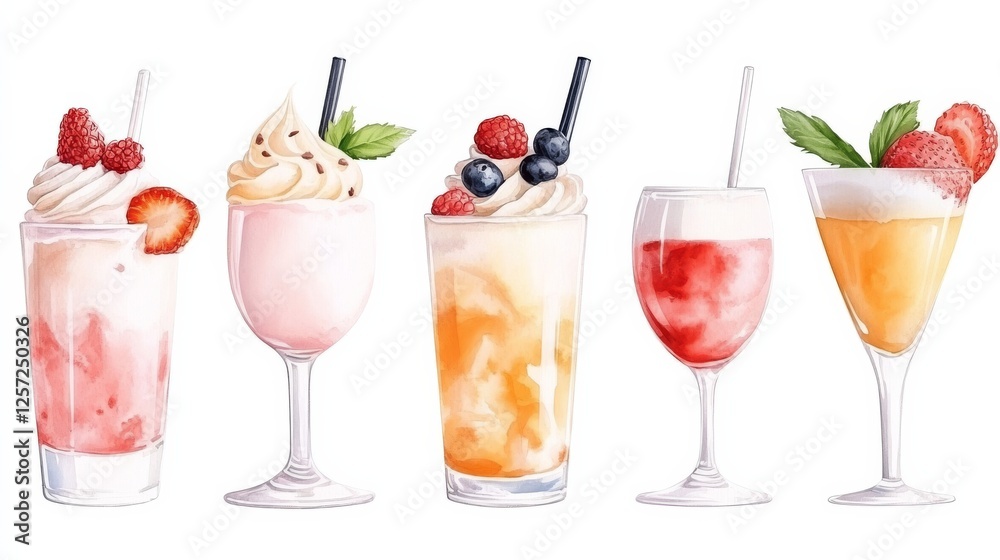 Watercolor Delights: An enchanting set of five vibrant, watercolor illustrations showcasing delectable fruit smoothies in elegant glasses adorned with fresh berries and mint, ideal for cafe menus. Watercolor Delights: An enchanting set of five vibrant, watercolor illustrations showcasing delectable fruit smoothies in elegant glasses adorned with fresh berries and mint, ideal for cafe menus.