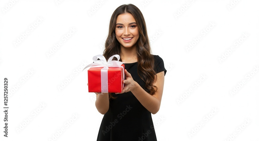 Portrait of a happy pretty woman holding giving red present box gift with white ribbon bow while standing and looking at camera isolated over white background Portrait of a happy pretty woman holding giving red present box gift with white ribbon bow while standing and looking at camera isolated over white background