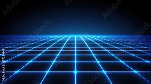 Glowing blue grid extends into a dark futuristic horizon
