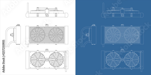 Car Radiator Intercooler with Dual Fan Line Drawing Blueprint Technical Illustration