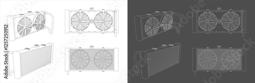 Car Radiator Intercooler with Dual Fan Technical Line Drawing Blueprint