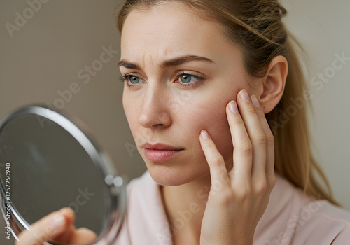 Close-up of a concerned woman looking in the mirror and worrying about her skin condition