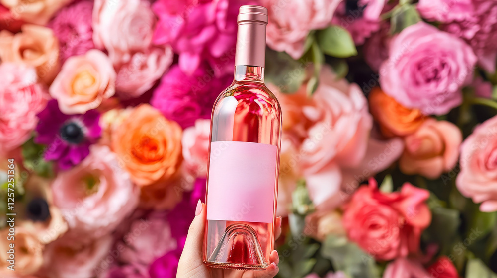 Rose Wine Celebration: A bottle of chilled rose wine with blank label, set against a stunning backdrop of vibrant pink, orange, and purple roses, ready to be enjoyed for special occasions. Rose Wine Celebration: A bottle of chilled rose wine with blank label, set against a stunning backdrop of vibrant pink, orange, and purple roses, ready to be enjoyed for special occasions.