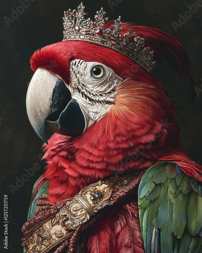 Baroque pet portrait with royal costume concept. Majestic parrot adorned with a crown and regal attire photo