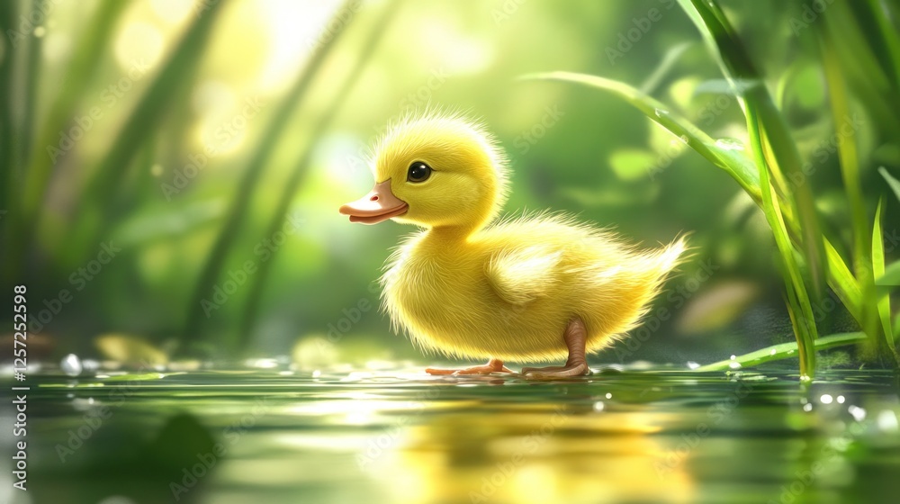 Adorable yellow duckling stands in shallow water near grass Adorable yellow duckling stands in shallow water near grass