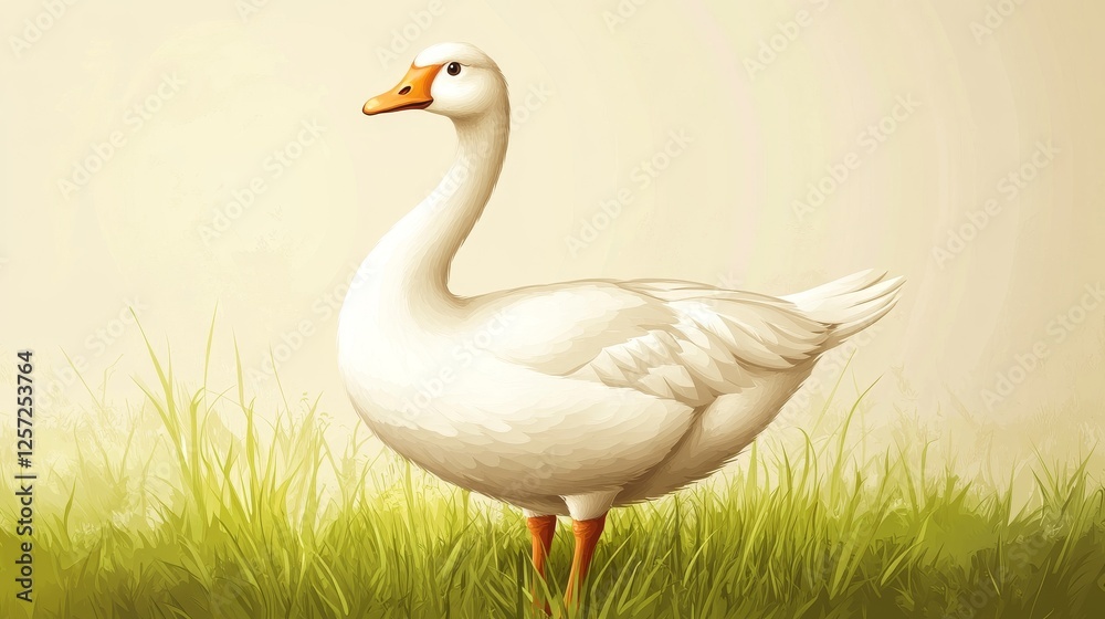 86.A serene vector illustration of a white goose standing gracefully on a patch of lush green grass, detailed with soft gradients and clean lines, against a light background. 86.A serene vector illustration of a white goose standing gracefully on a patch of lush green grass, detailed with soft gradients and clean lines, against a light background.