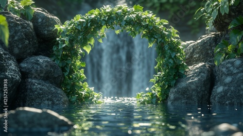 Verdant archway frames a tranquil waterfall scene