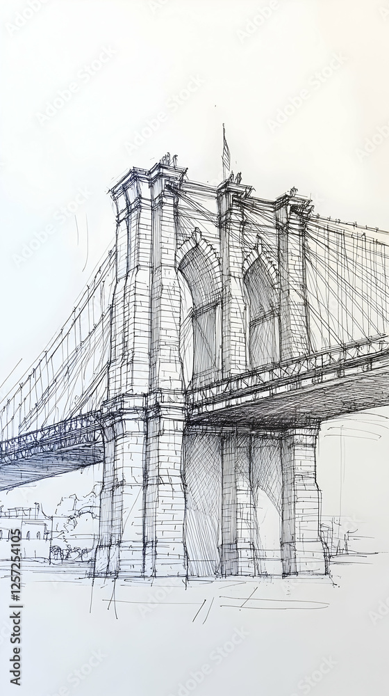Fototapeta premium Bridge sketch, urban scene, architectural drawing