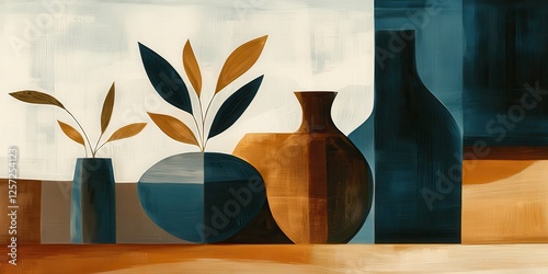 Abstract Still Life Painting Featuring Teal and Brown Vases with Geometric Earth Tones