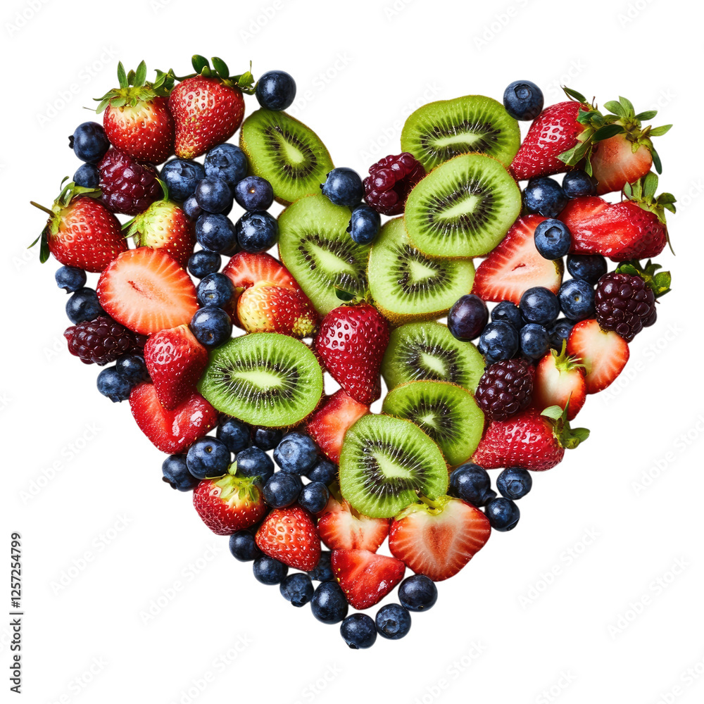 Fototapeta premium Heart-shaped arrangement of fresh colorful fruits isolated on white or transparent, PNG