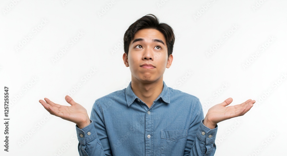 Portrait of questioned indecisive man guy student with and throwing hands aside with clueless isolated over white color background Portrait of questioned indecisive man guy student with and throwing hands aside with clueless isolated over white color background