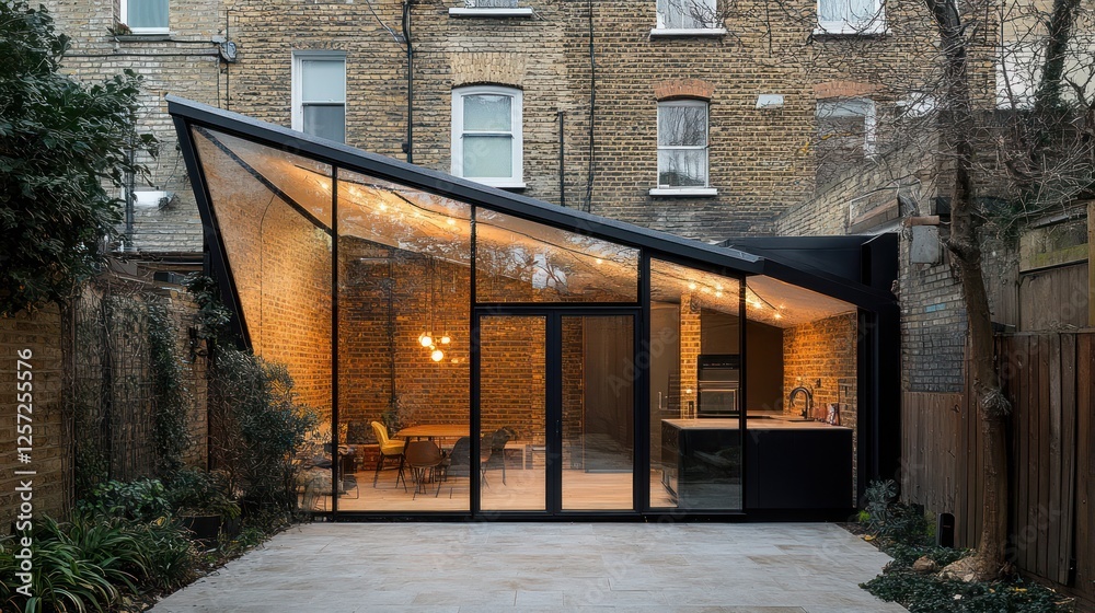 Fototapeta premium Modern glass extension, backyard, London, evening lighting, home renovation