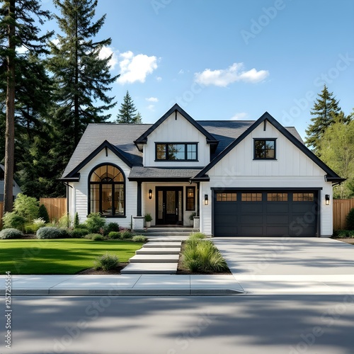 Luxurious modern farmhouse, white exterior with black trim, large windows