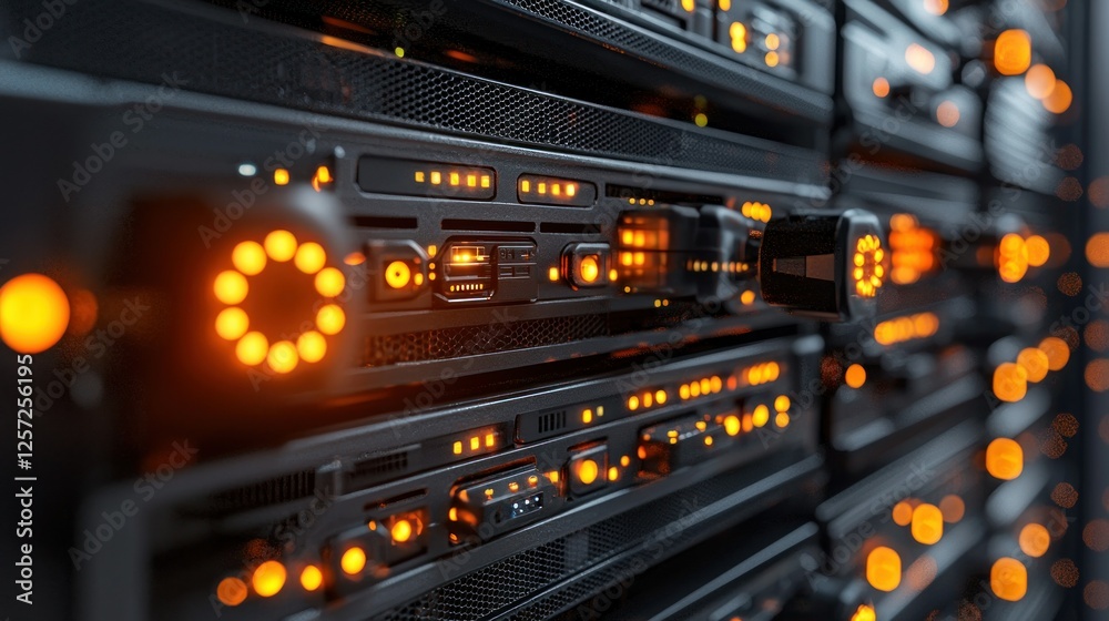Naklejka premium Server rack installation in a data center with glowing lights