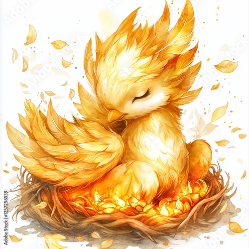 serene golden bird resting in nest, surrounded by soft feathers and leaves, radiating warmth and tranquility