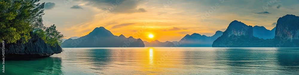 Sunset over tranquil bay, limestone karsts, tropical foliage Sunset over tranquil bay, limestone karsts, tropical foliage