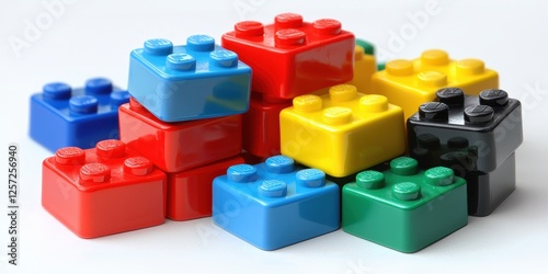 Colorful Plastic Building Blocks Stacked in Abstract Arrangement photo