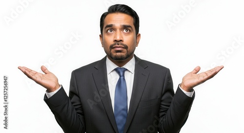 Portrait of questioned indecisive businessman with and throwing hands aside with clueless isolated over white color background