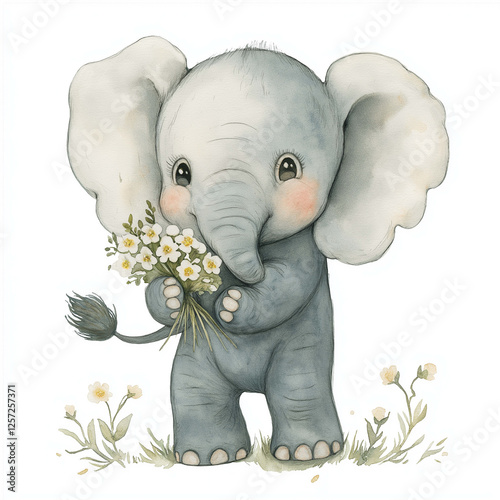 Cute elephant holding flowers in whimsical style, showcasing gentle expression and soft colors. Perfect for children decor or illustrations