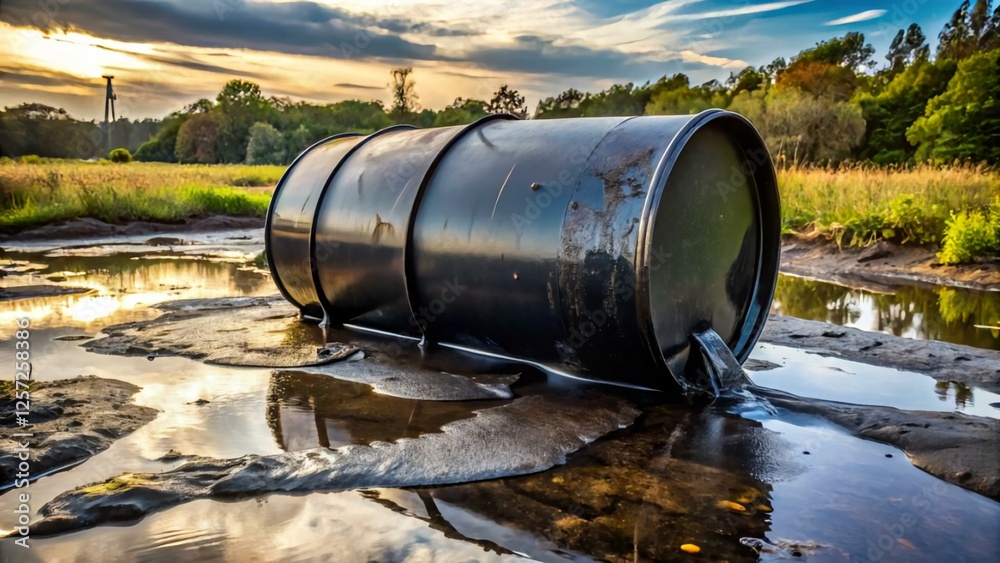 Industrial Pollution in Nature with Spilled Oil from Drum Industrial Pollution in Nature with Spilled Oil from Drum
