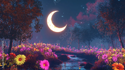 Magical Floral Landscape with Crescent Moon and Vibrant Colors at Night. A dreamlike landscape featuring glowing flowers, twilight trees, and a luminous crescent moon shining peacefully in the night photo