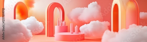 Pink product display with arches and floating cotton clouds photo