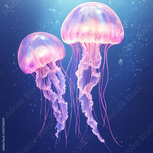 Glowing jellyfish swimming gracefully in deep blue water, showcasing vibrant colors and delicate tentacles. serene underwater scene filled with bubbles and light