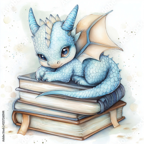 Cute blue dragon resting on books, showcasing whimsical and magical atmosphere. dragon features large expressive eyes and delicate wings, perfect for fantasy themed illustration