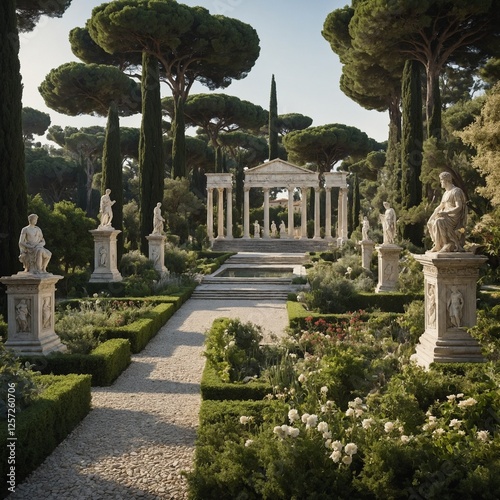 An elegant and peaceful rendering of a historical Roman garden, emphasizing the harmony of pathways, classical statues, and neatly arranged flora, set against a pure white background. photo
