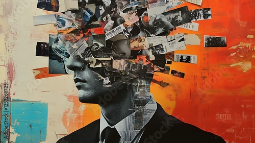 Contemporary art collage depicting a man with information pouring into his head, symbolizing addiction and the influence of media