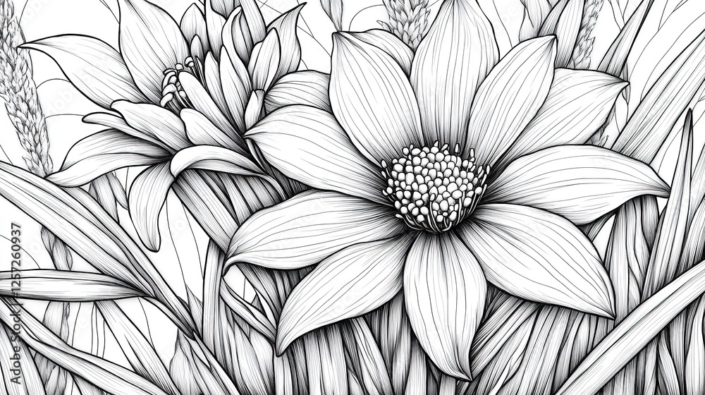 custom made wallpaper toronto digitalMonochrome Floral Line Art  Elegant Flower Illustration
